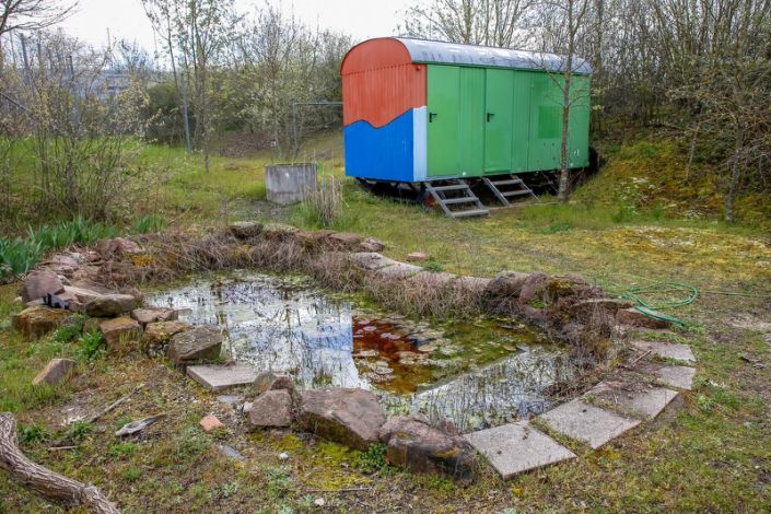 Schulgarten mit Teich und Bauwagen